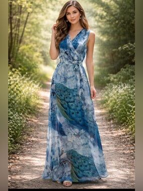 Sleeveless Maxi wrap Dress Peacock Feather cherry blossom Print, Belted, Size M